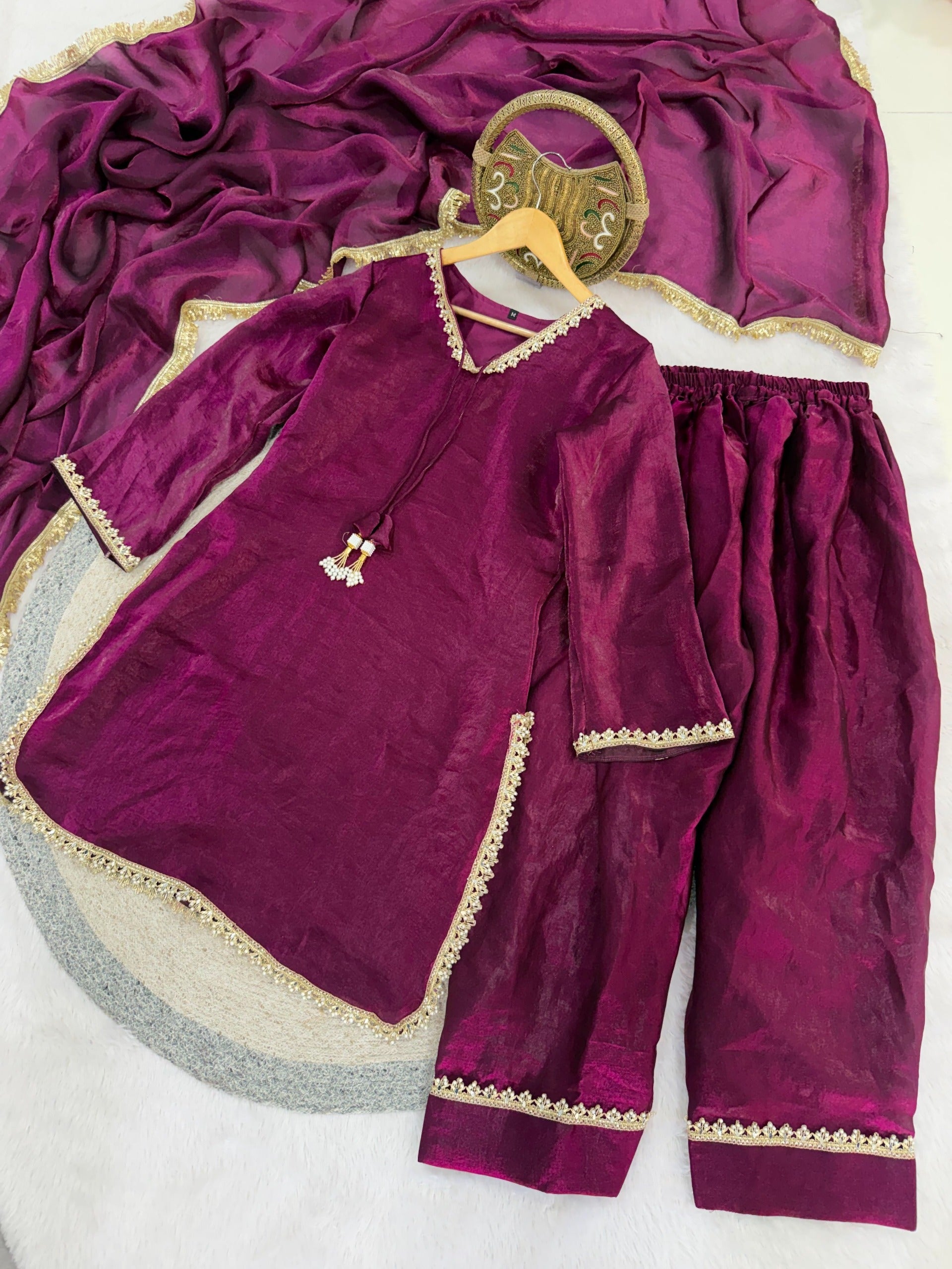 Fendi Satin Mirror Work Farshi Salwar Set with Dupatta