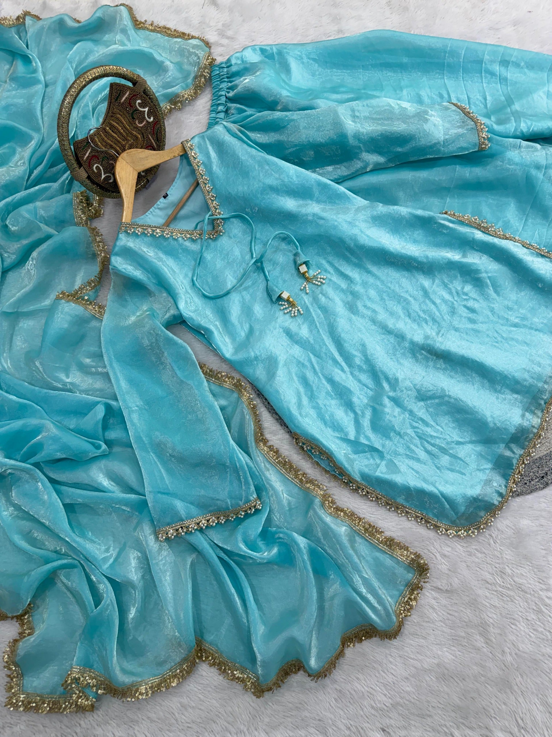 Fendi Satin Mirror Work Farshi Salwar Set with Dupatta
