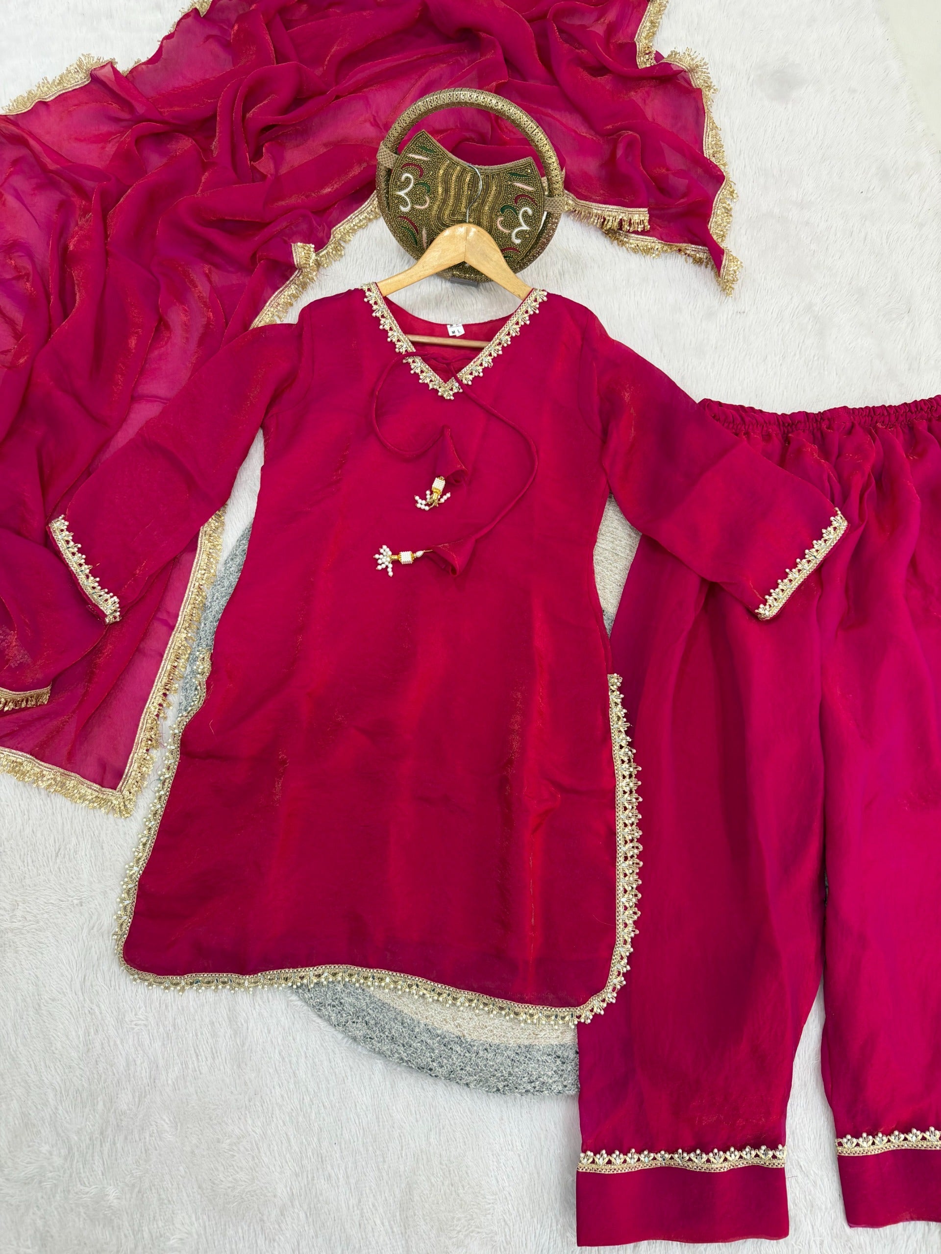 Fendi Satin Mirror Work Farshi Salwar Set with Dupatta