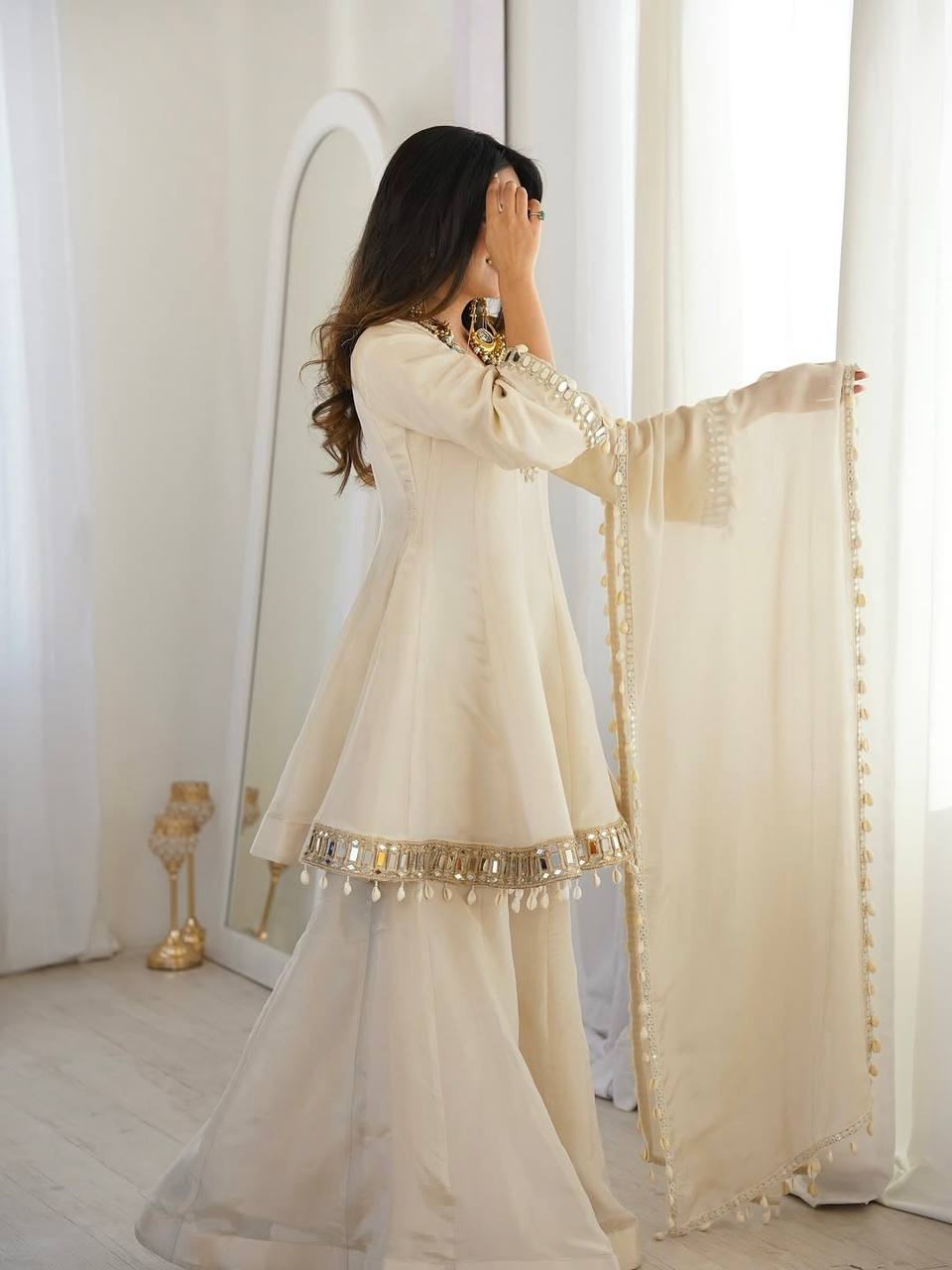 Off White Organza Silk Mirror Work Sharara Set