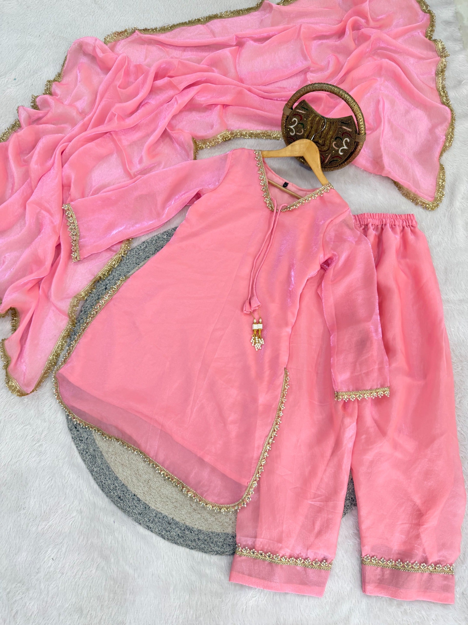 Fendi Satin Mirror Work Farshi Salwar Set with Dupatta