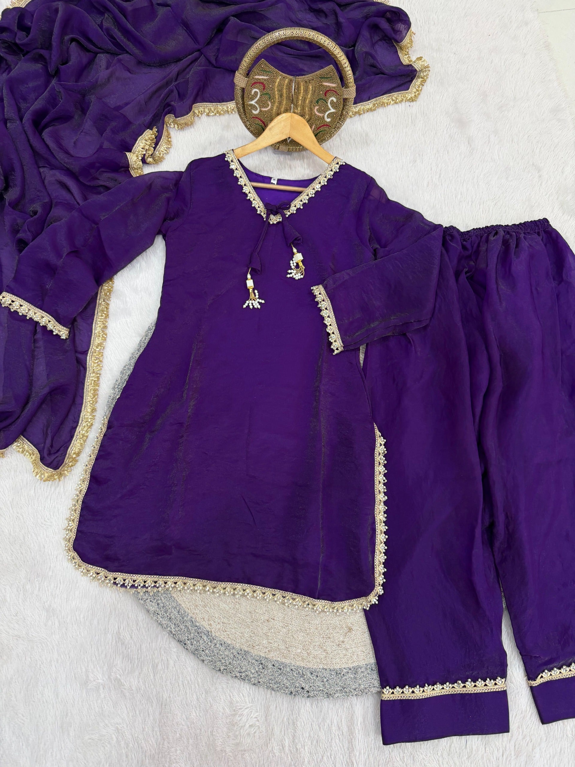 Fendi Satin Mirror Work Farshi Salwar Set with Dupatta