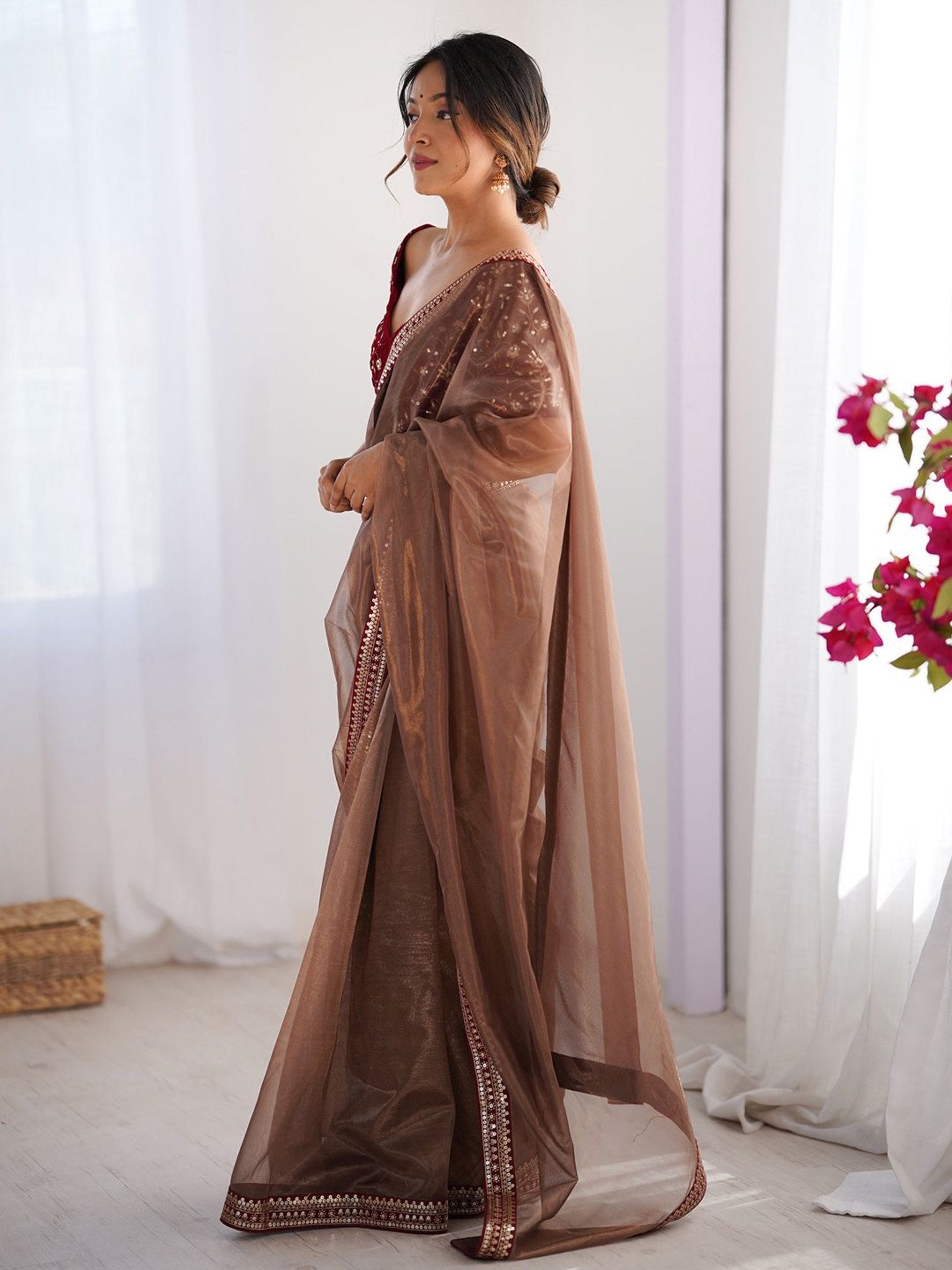 Brown Net Saree with Velvet Embroidered Blouse