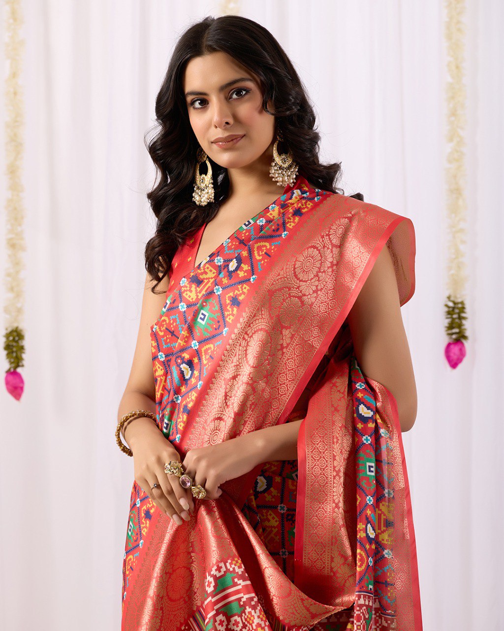 Red Patola Lichi Silk Saree with Contrast Blouse