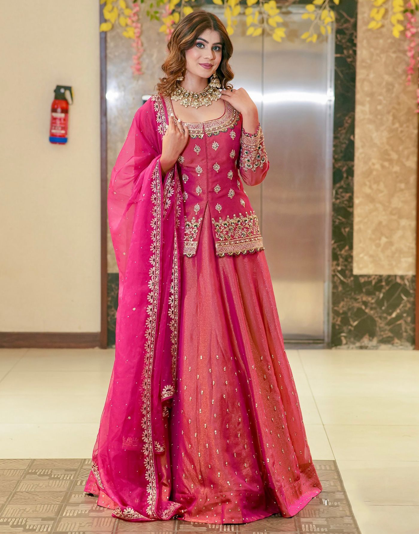 Pink Roman Silk Lehenga Choli Set with Net Dupatta