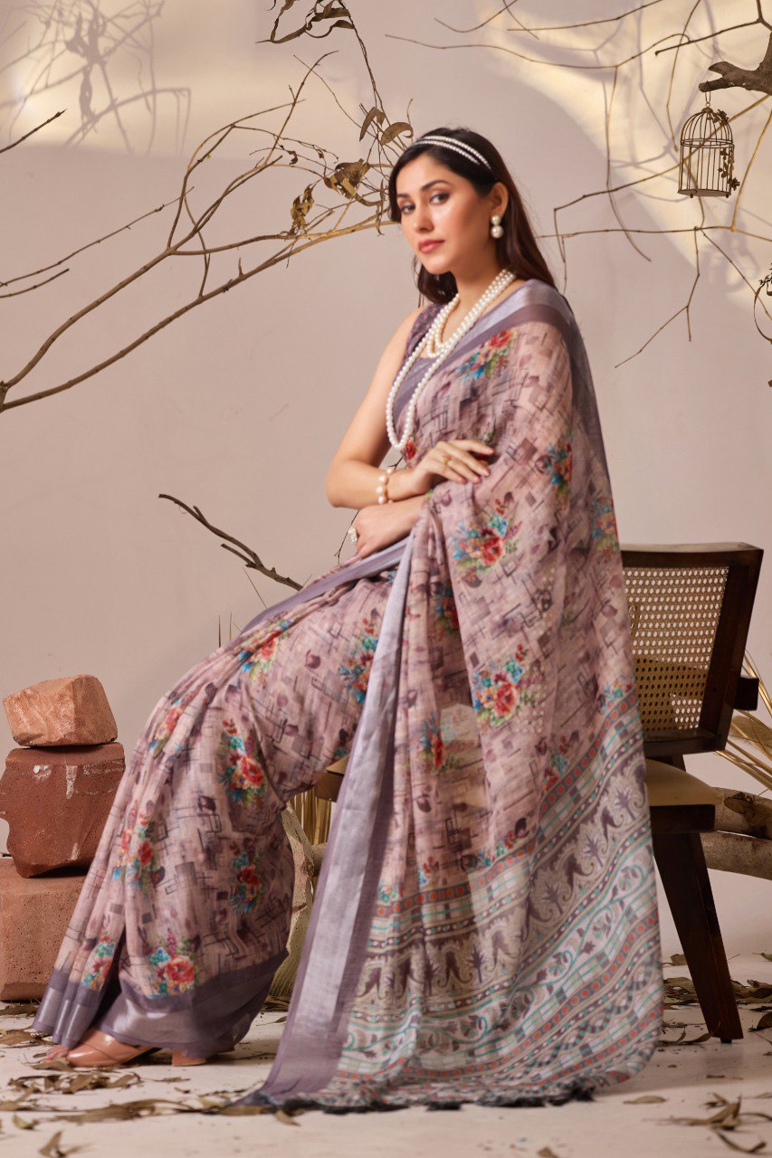 Floral Linen Cotton Saree with Patola Border Blouse