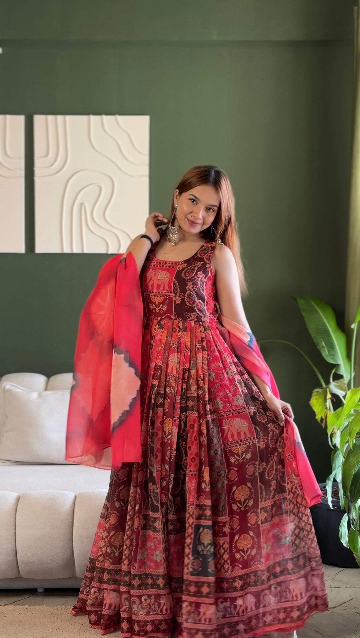 Red Patola Print Organza Gown with Dupatta