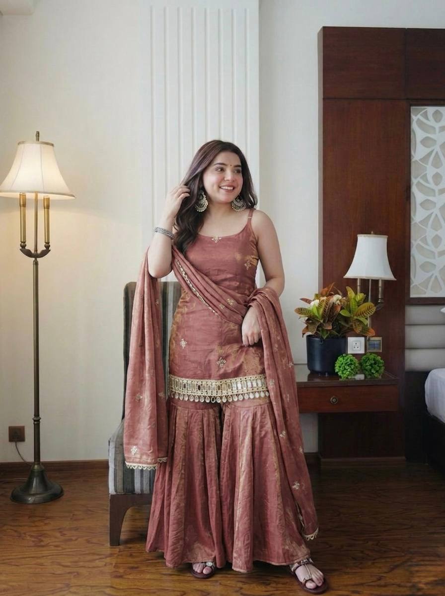 Fendy Silk Sharara Palazzo Set with Dupatta Mirror Work Embroidered Festive Wear