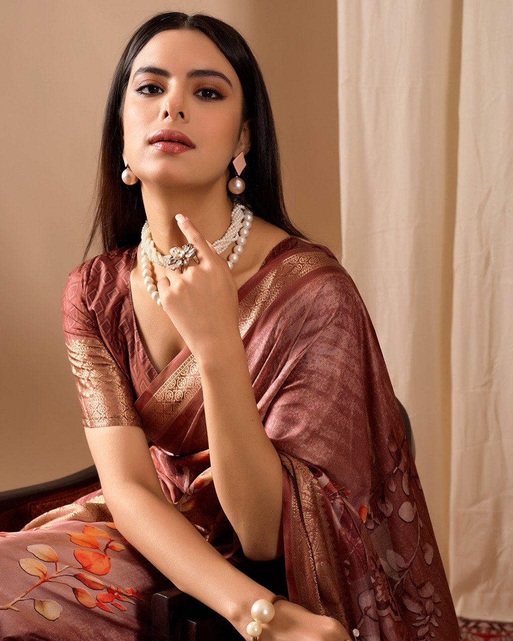 Brown Lichi Silk Saree with Patola Design Woven Border Elegant Ethnic Wear