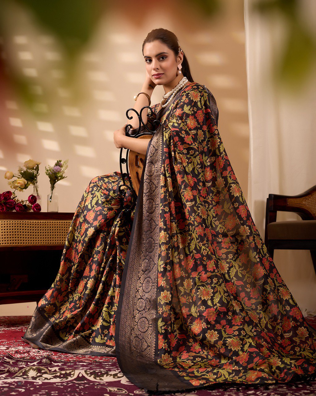 Black Floral Lichi Silk Saree with Zari Border Blouse