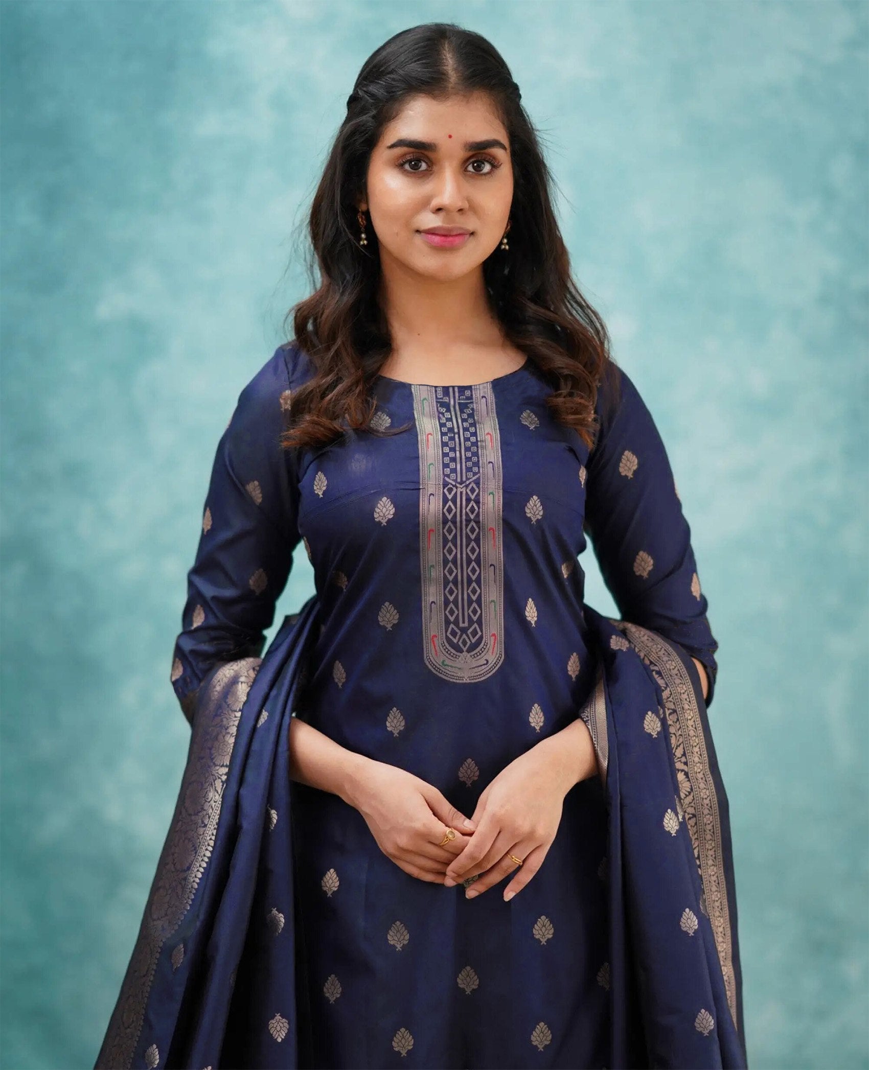 Blue Art Silk Woven Kurti Pant Set with Dupatta