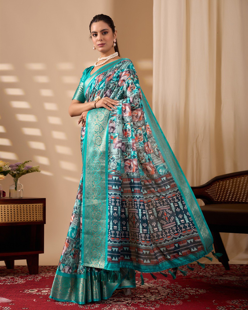Sea Green Lichi Silk Saree with Zari Border Abstract Floral Print