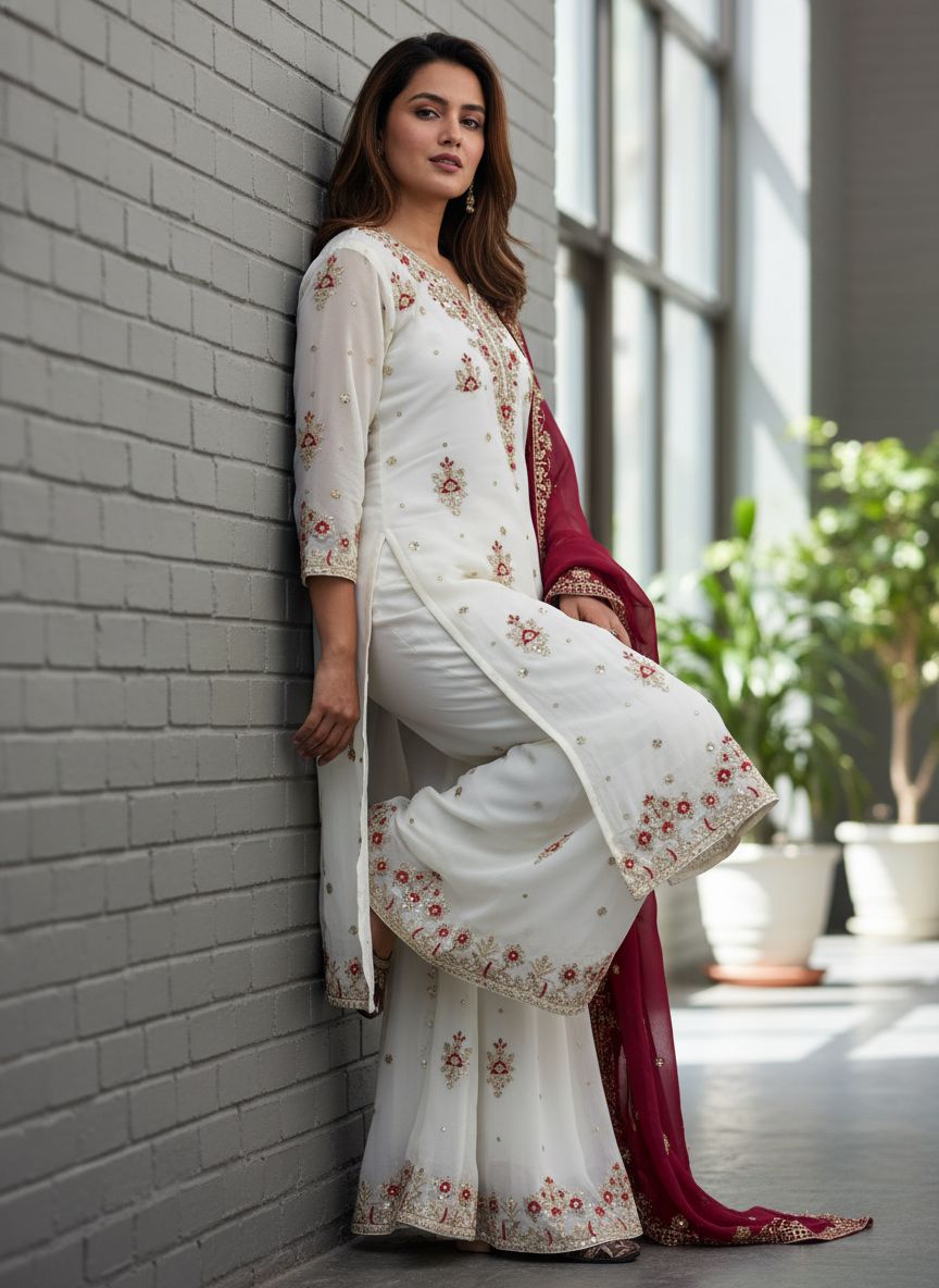 Black & Off White Georgette Sequins Palazzo Set with Dupatta