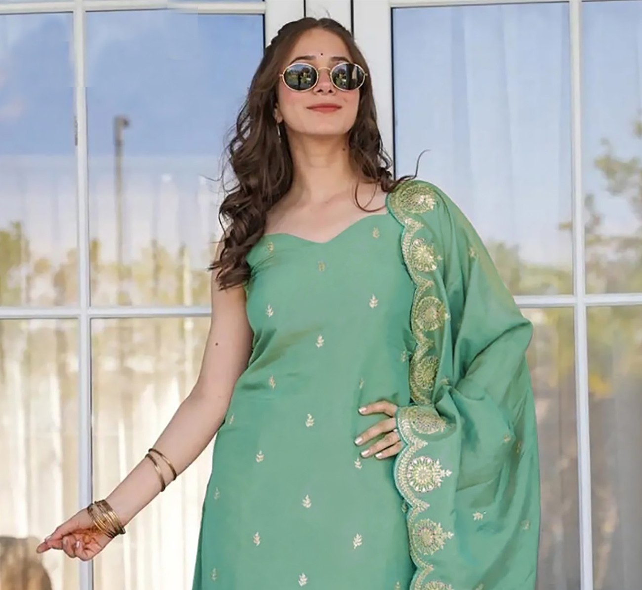 Light Green Tesla Embroidered Kurta Pant Set with Dupatta