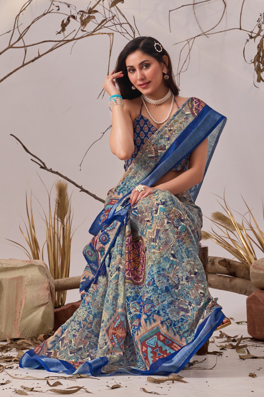 Blue Patola Printed Linen Cotton Saree with Blouse