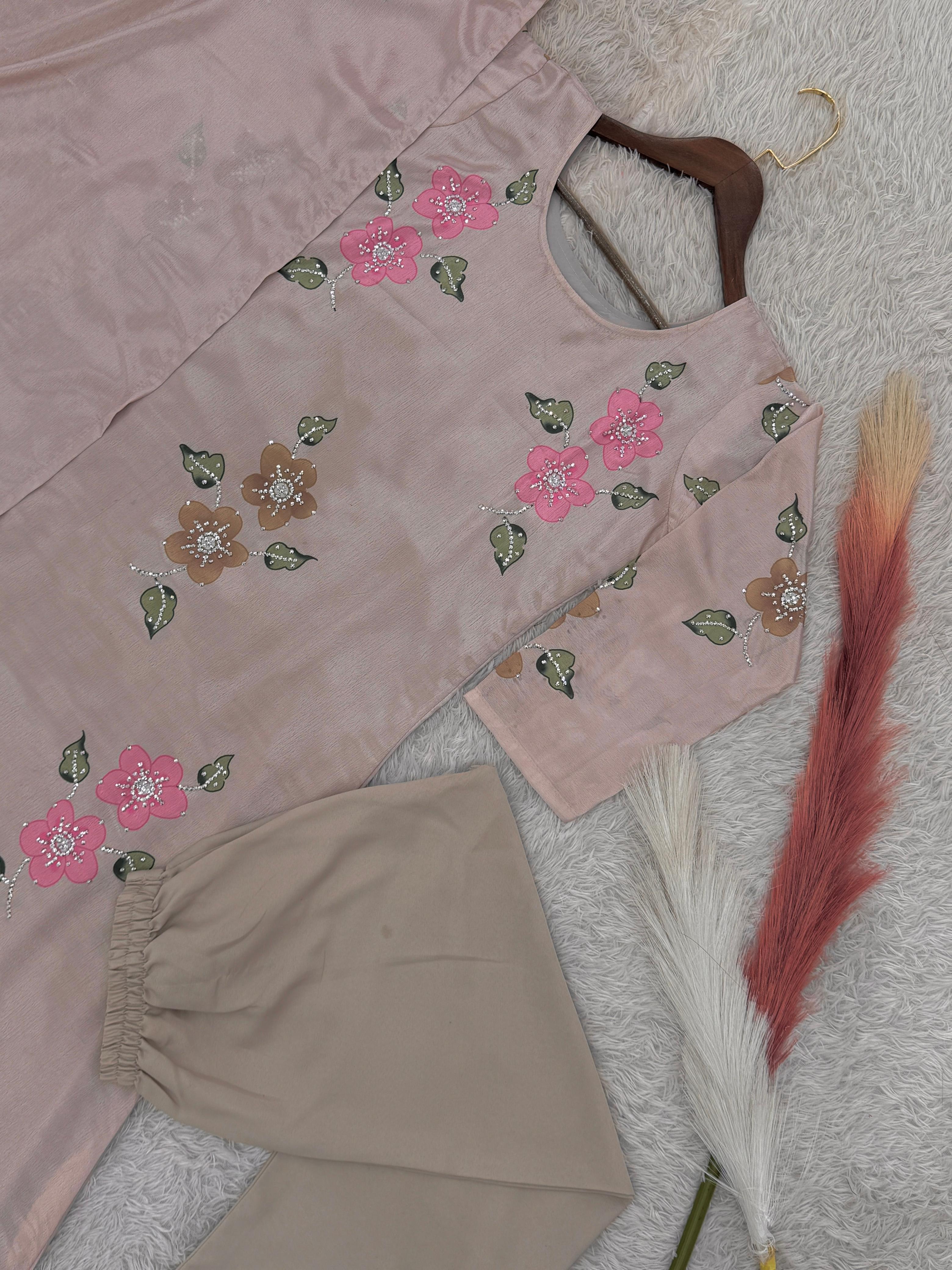 Chinon Silk A-Line Digital Print Kurti Set with Dupatta