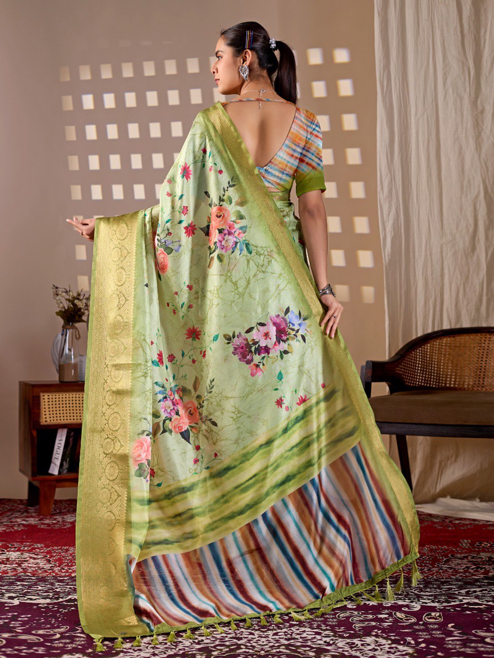Green Floral Lichi Silk Saree with Zari Border Blouse