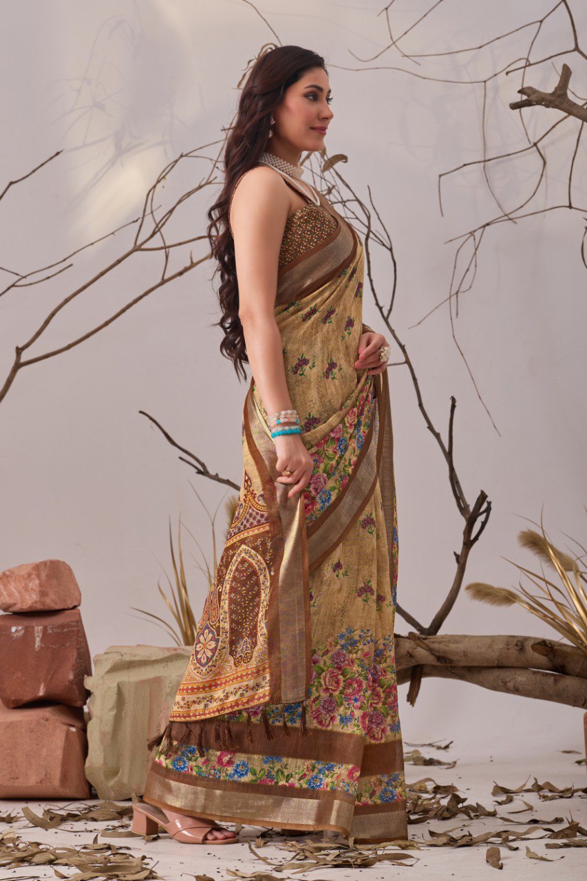 Beige Floral Linen Cotton Saree with Printed Blouse