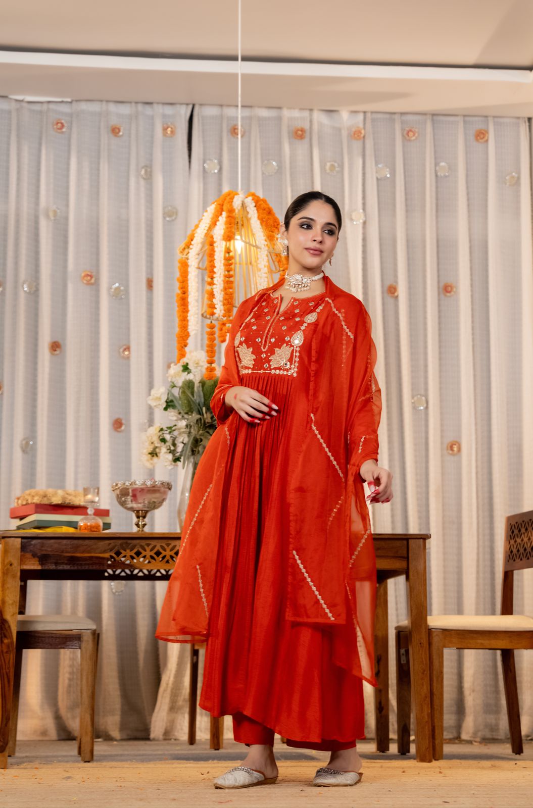 Orange & Green Chanderi Silk Kurti Set for Women with Organza Dupatta