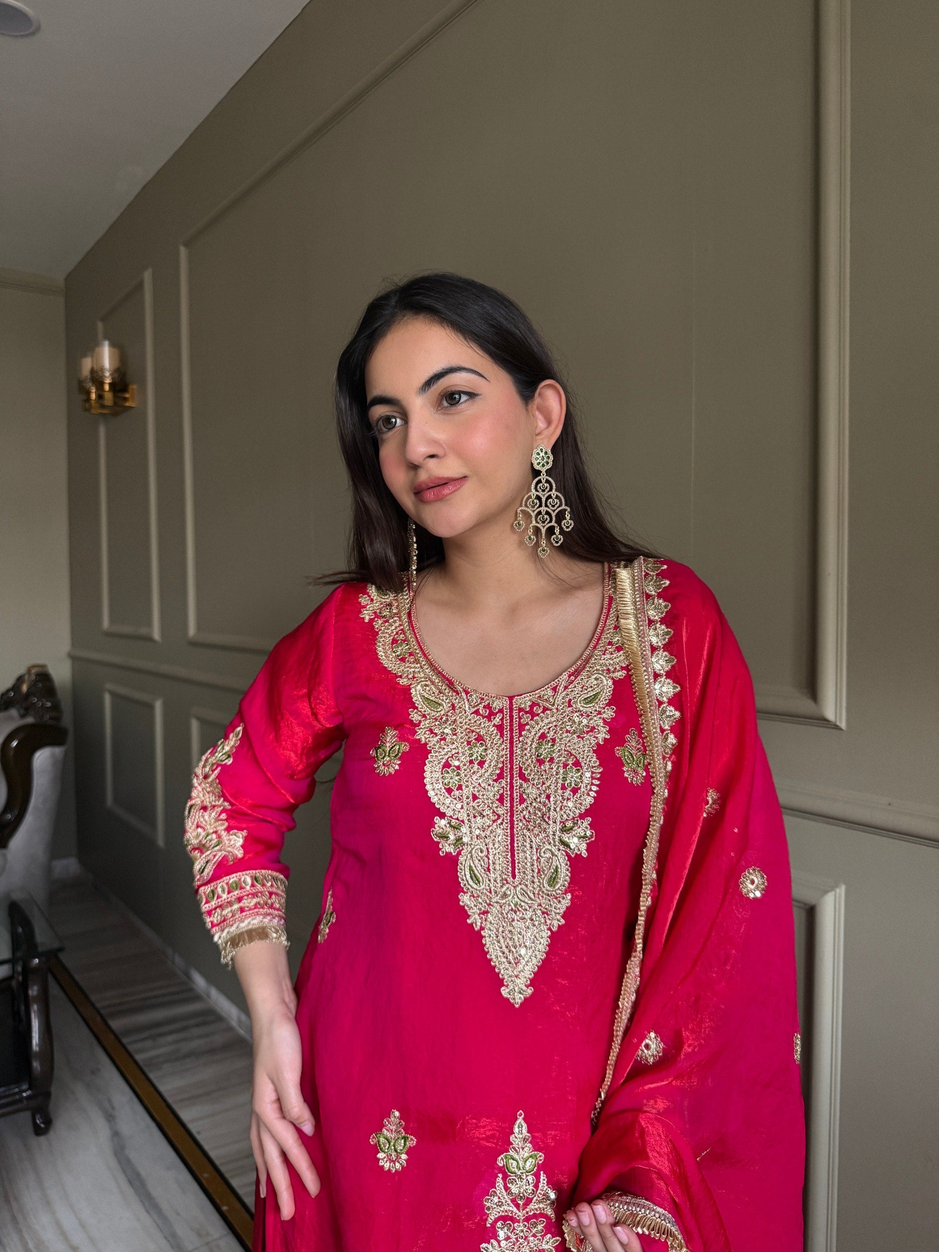 Pink & Navy Fendi Satin Designer Kurti Palazzo Set