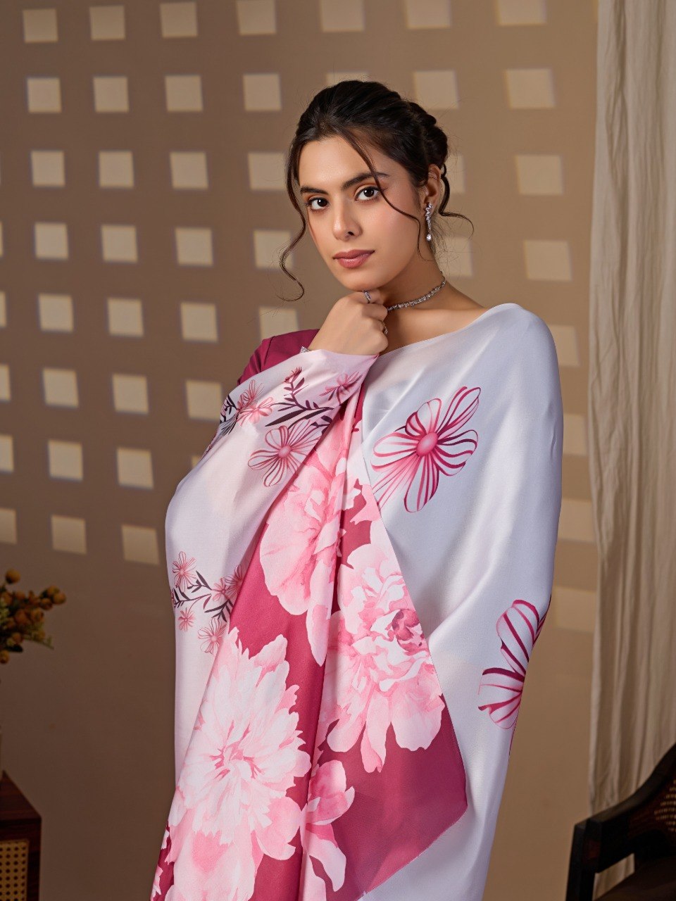 White Pink Floral Satin Georgette Saree with Blouse