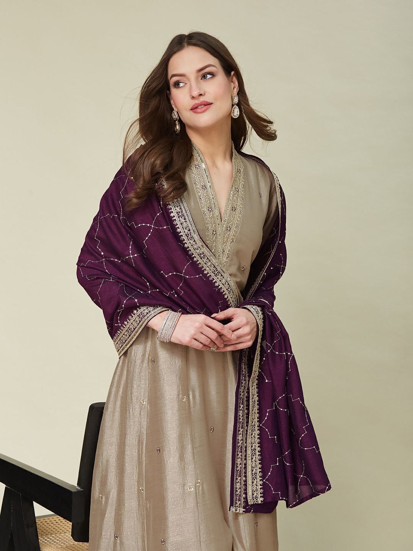 Beige & Wine Vichitra Anarkali Kurti Set with Dupatta