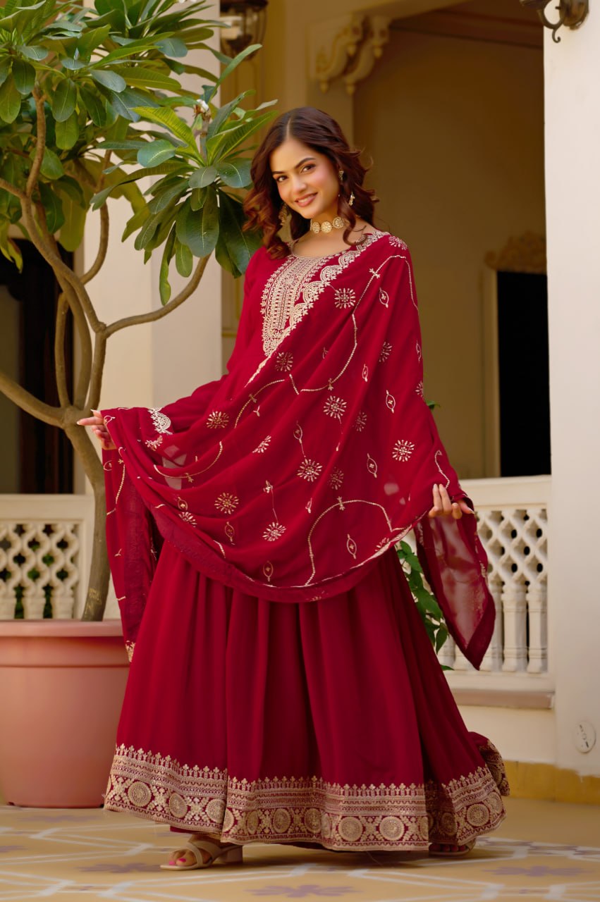 Maroon Sequins Anarkali Gown with Dupatta