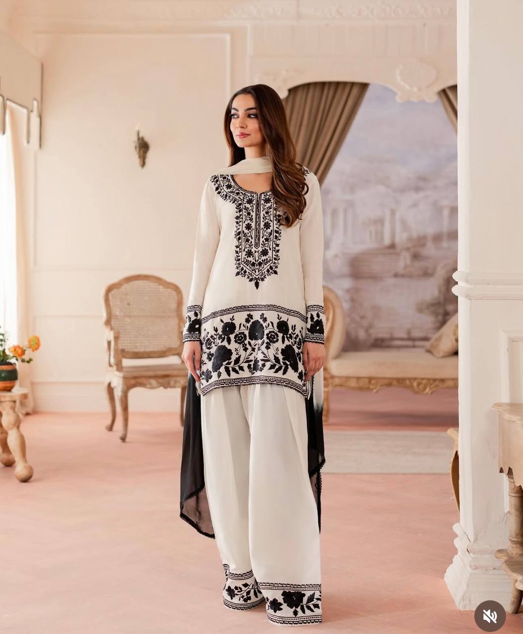 White Crepe Embroidered Farshi Palazzo Set with Dupatta