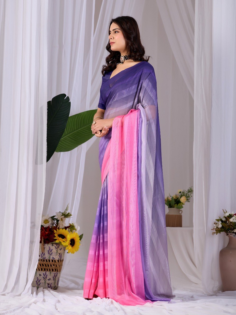 Purple Pink Dual Tone Monsoon Saree with Blouse