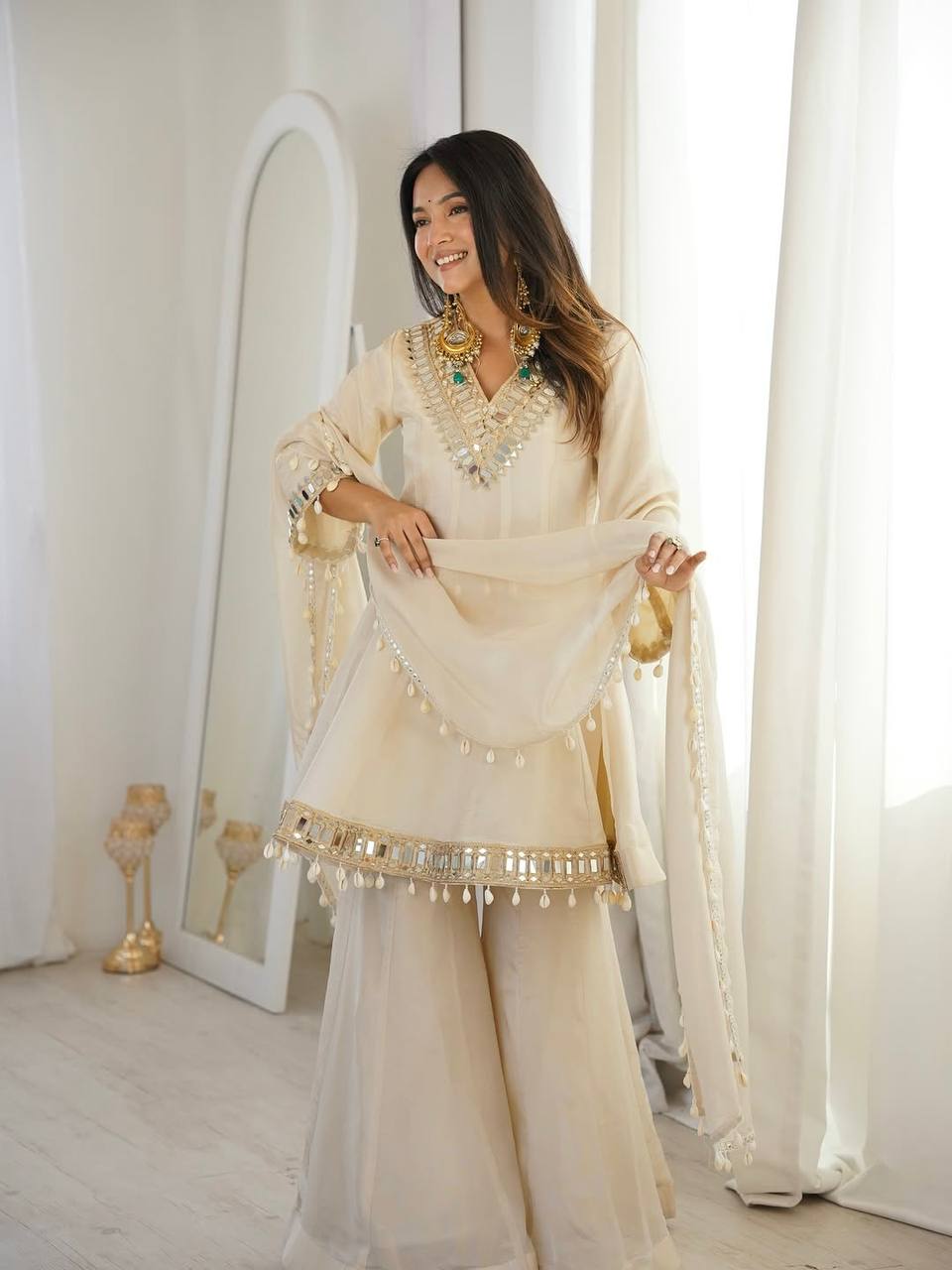 Off White Organza Silk Mirror Work Sharara Set