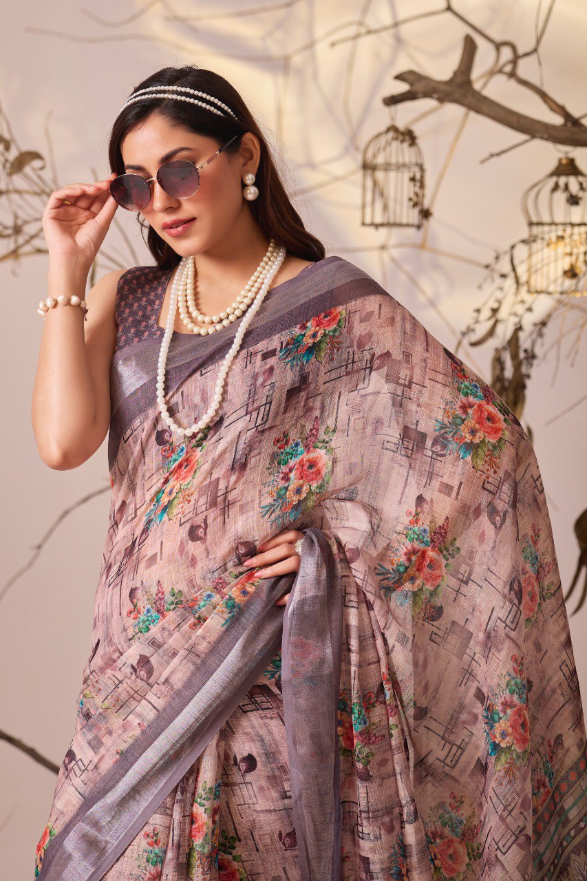 Floral Linen Cotton Saree with Patola Border Blouse