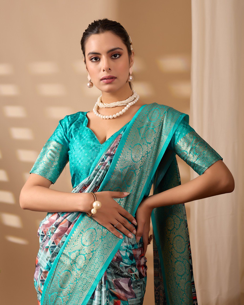 Sea Green Lichi Silk Saree with Zari Border Abstract Floral Print