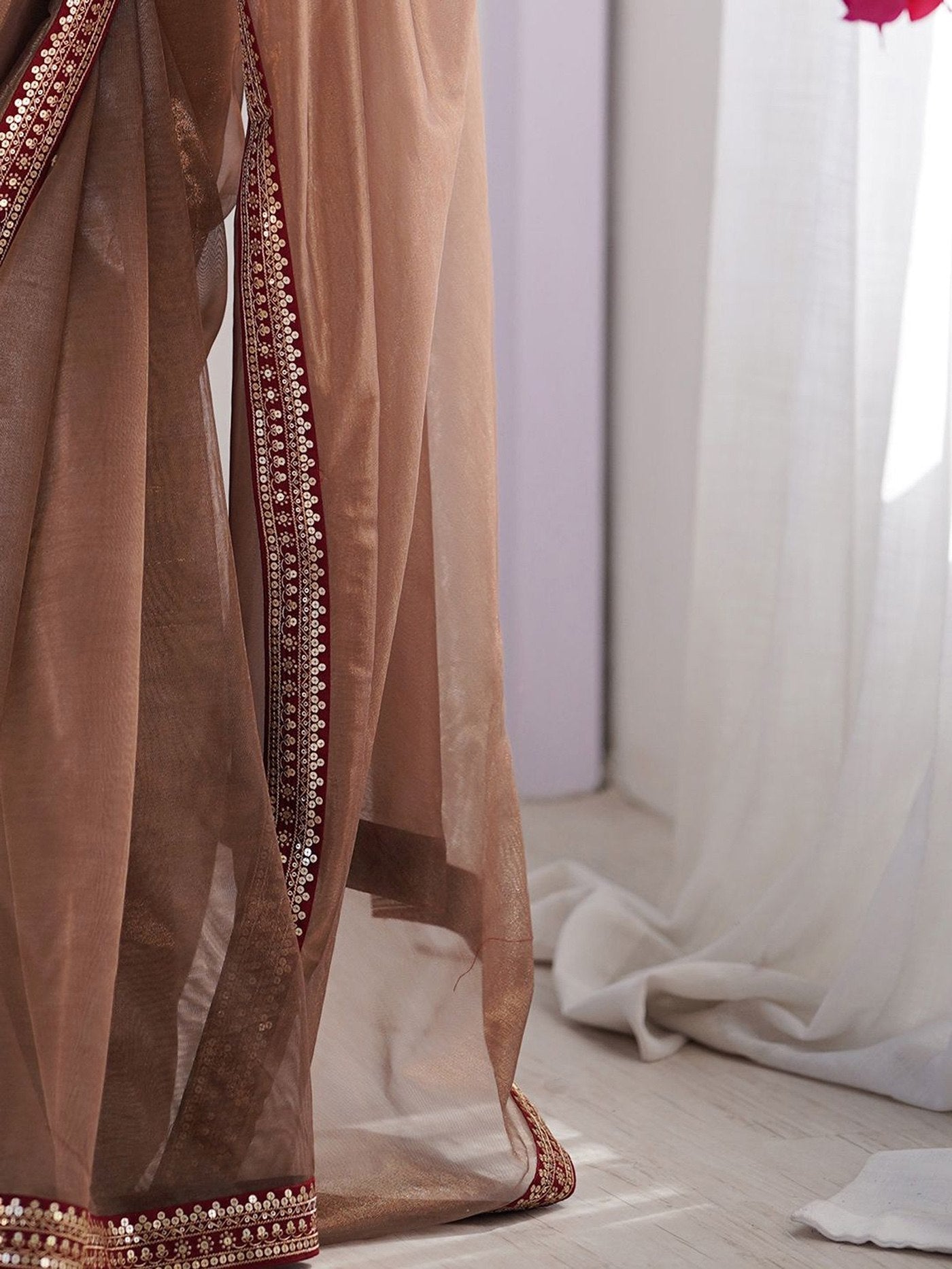 Brown Net Saree with Velvet Embroidered Blouse