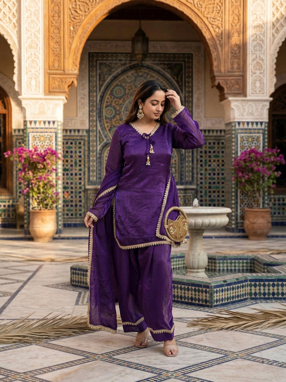 Fendi Satin Mirror Work Farshi Salwar Set with Dupatta