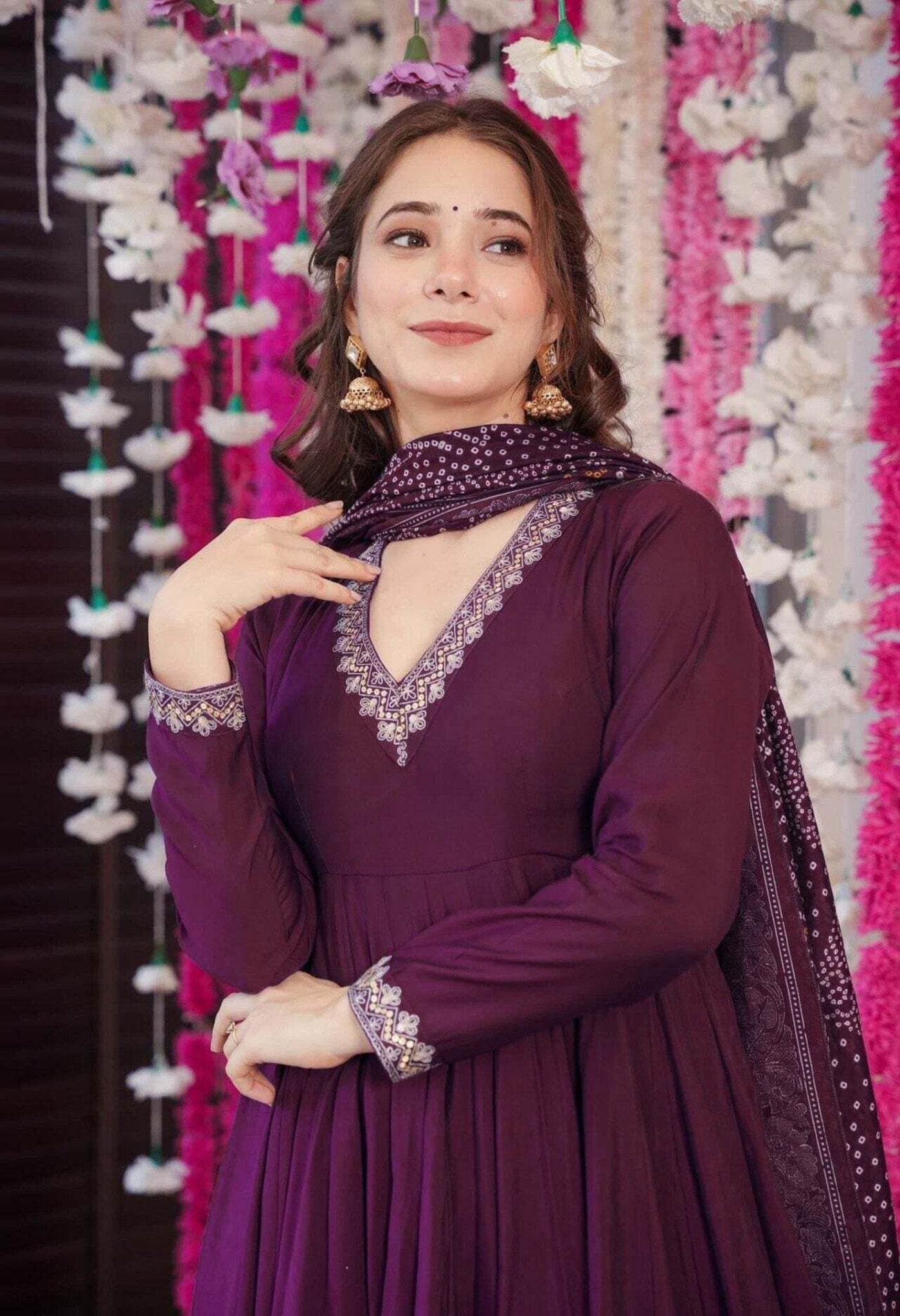 Purple Vichitra Anarkali Kurti Palazzo Set with Chanderi Dupatta