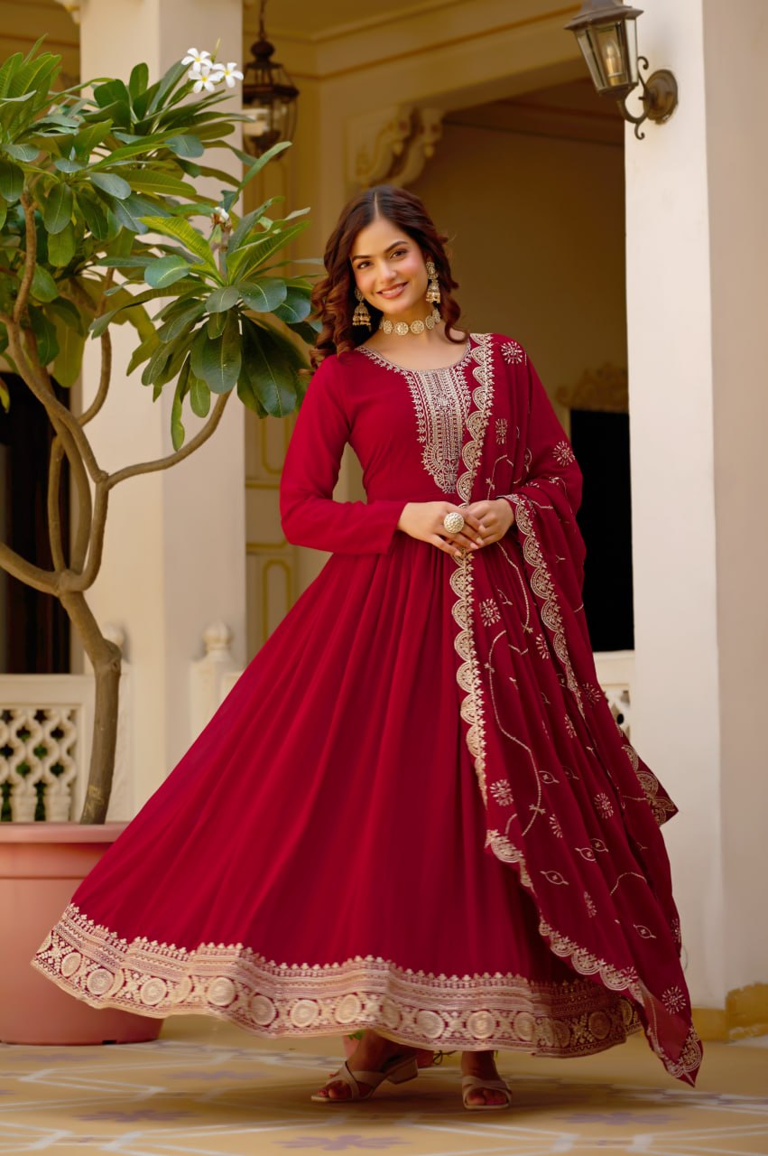 Maroon Sequins Anarkali Gown with Dupatta