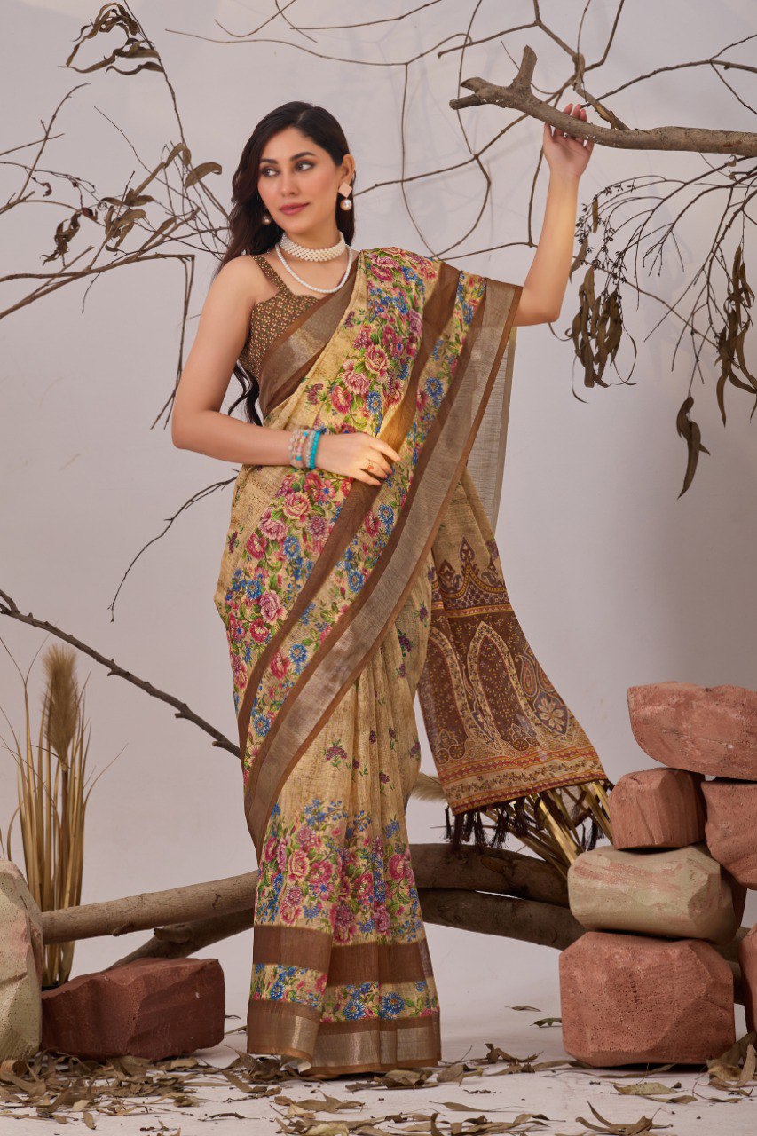 Beige Floral Linen Cotton Saree with Printed Blouse