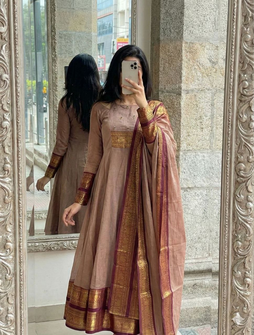 Brown Pattu Cotton Anarkali Kurti Set with Zari Border Dupatta