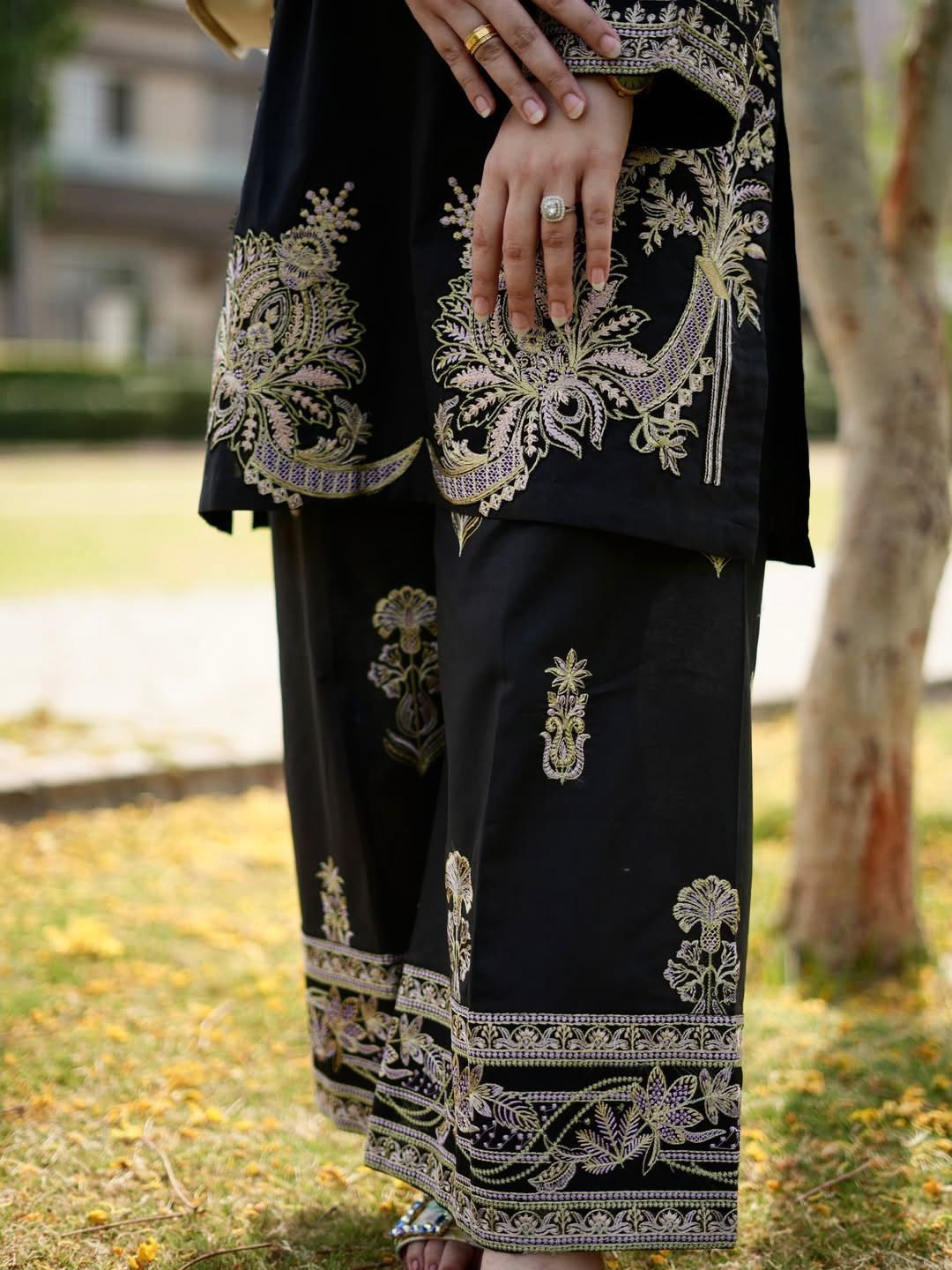 Black Muslin Cotton Embroidered Co-Ord Palazzo Set
