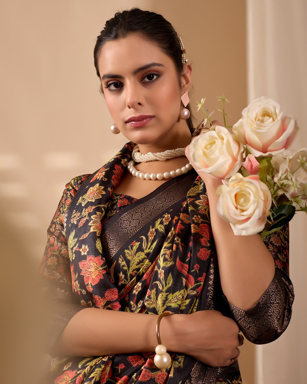 Black Floral Lichi Silk Saree with Zari Border Blouse
