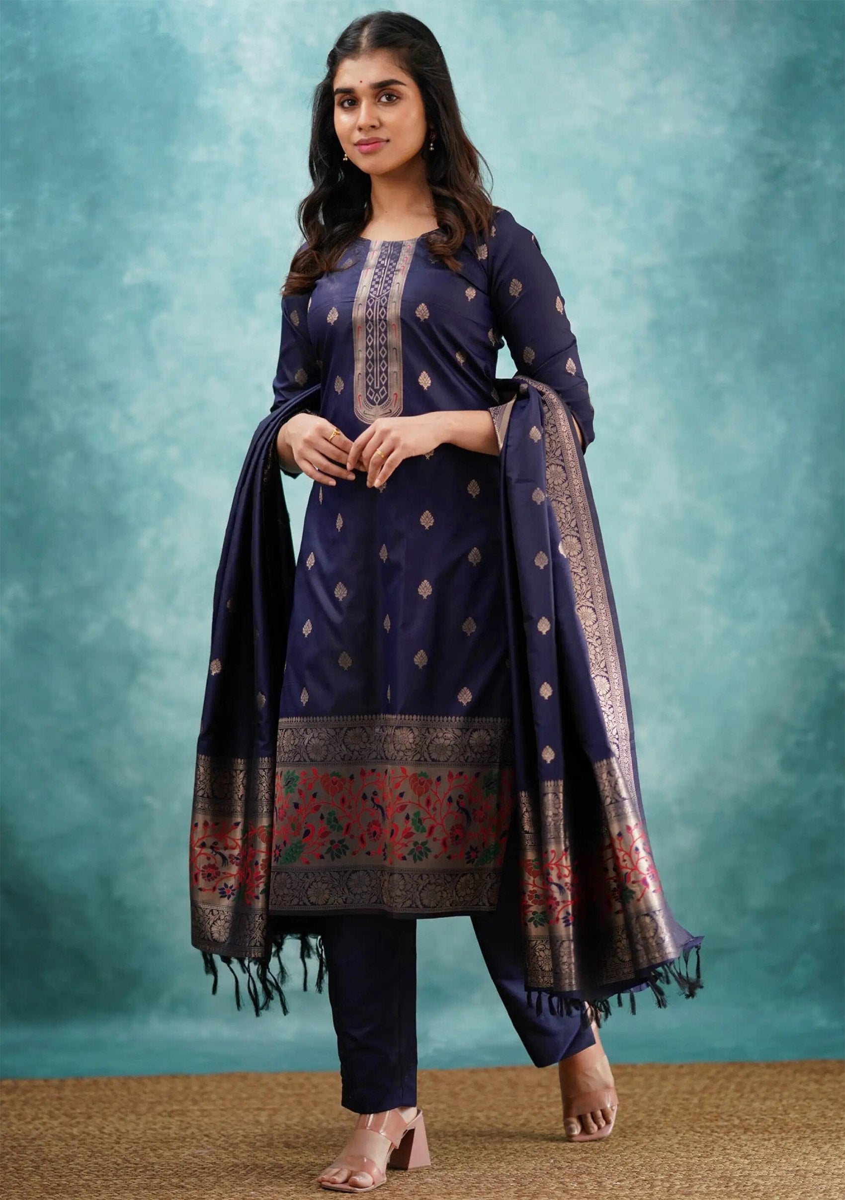 Blue Art Silk Woven Kurti Pant Set with Dupatta