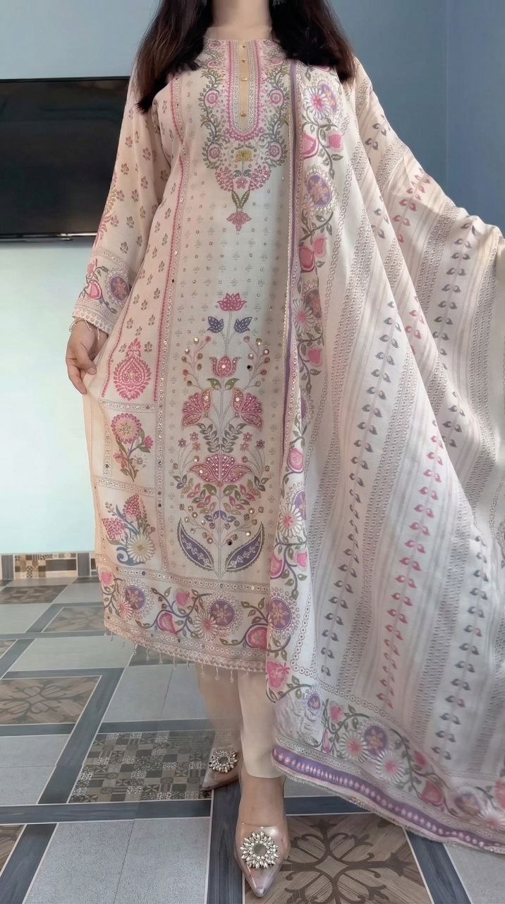 Maslin Ethnic Kurti Pant Set with Dupatta Embroidery Mirror Work Festive Wear