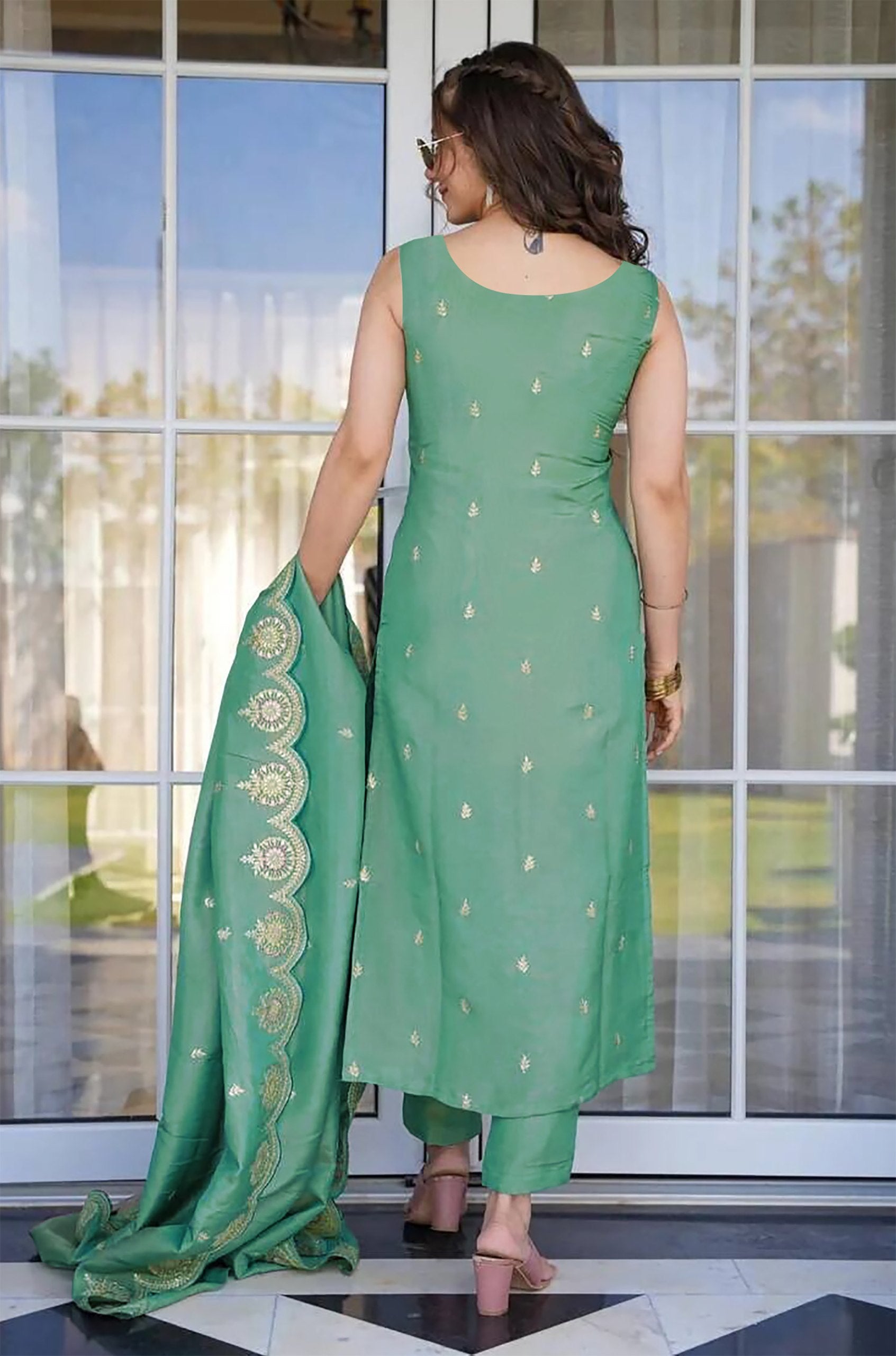 Light Green Tesla Embroidered Kurta Pant Set with Dupatta