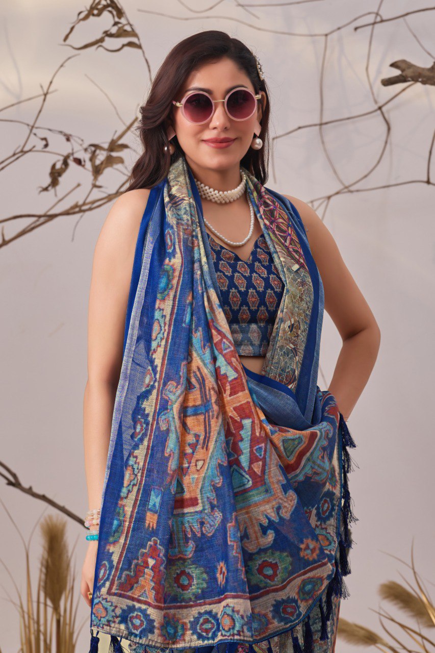 Blue Patola Printed Linen Cotton Saree with Blouse
