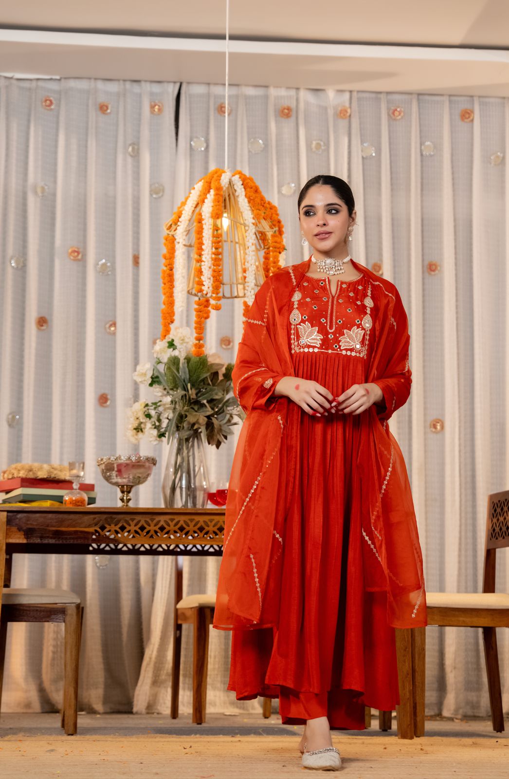 Orange & Green Chanderi Silk Kurti Set for Women with Organza Dupatta