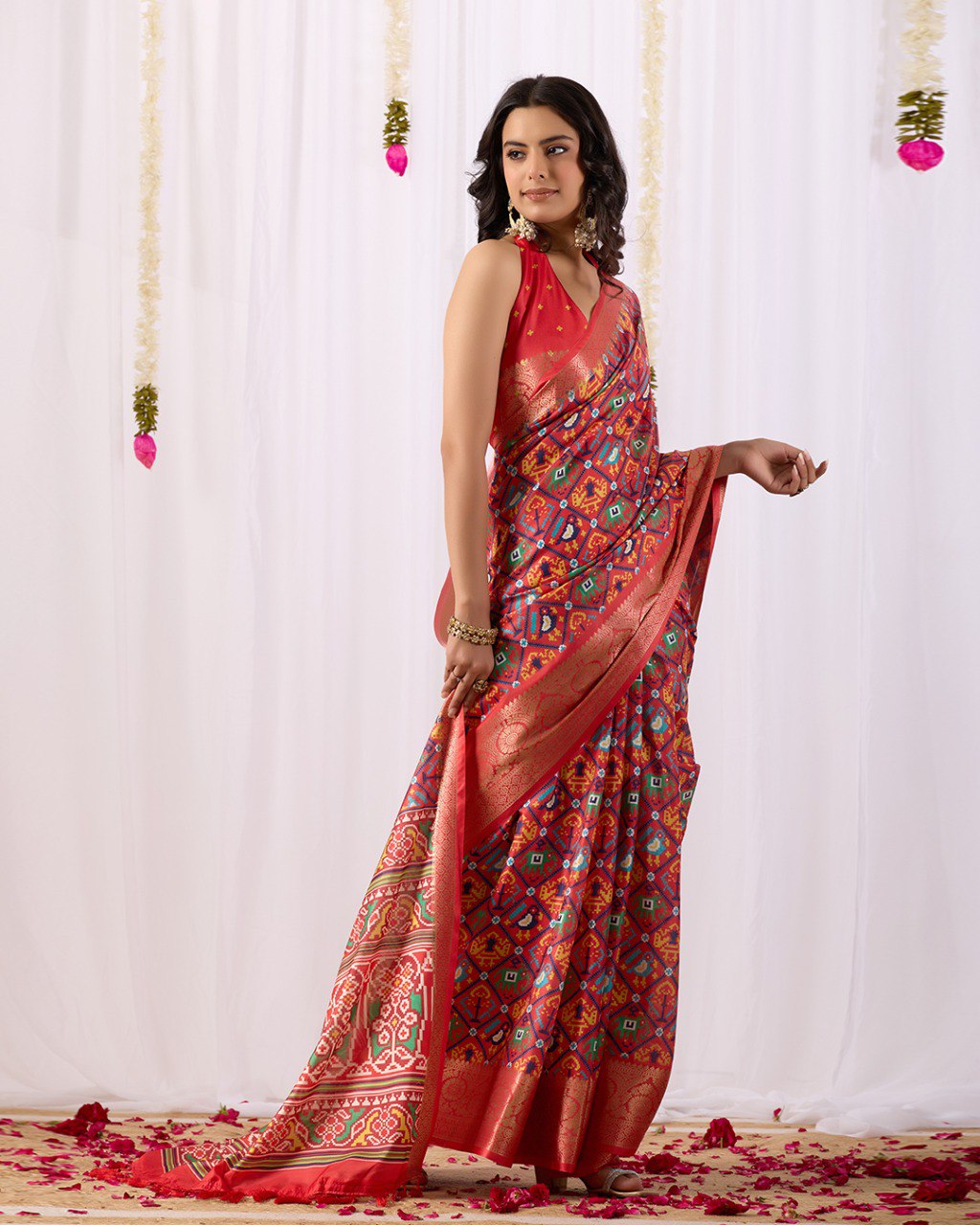 Red Patola Lichi Silk Saree with Contrast Blouse