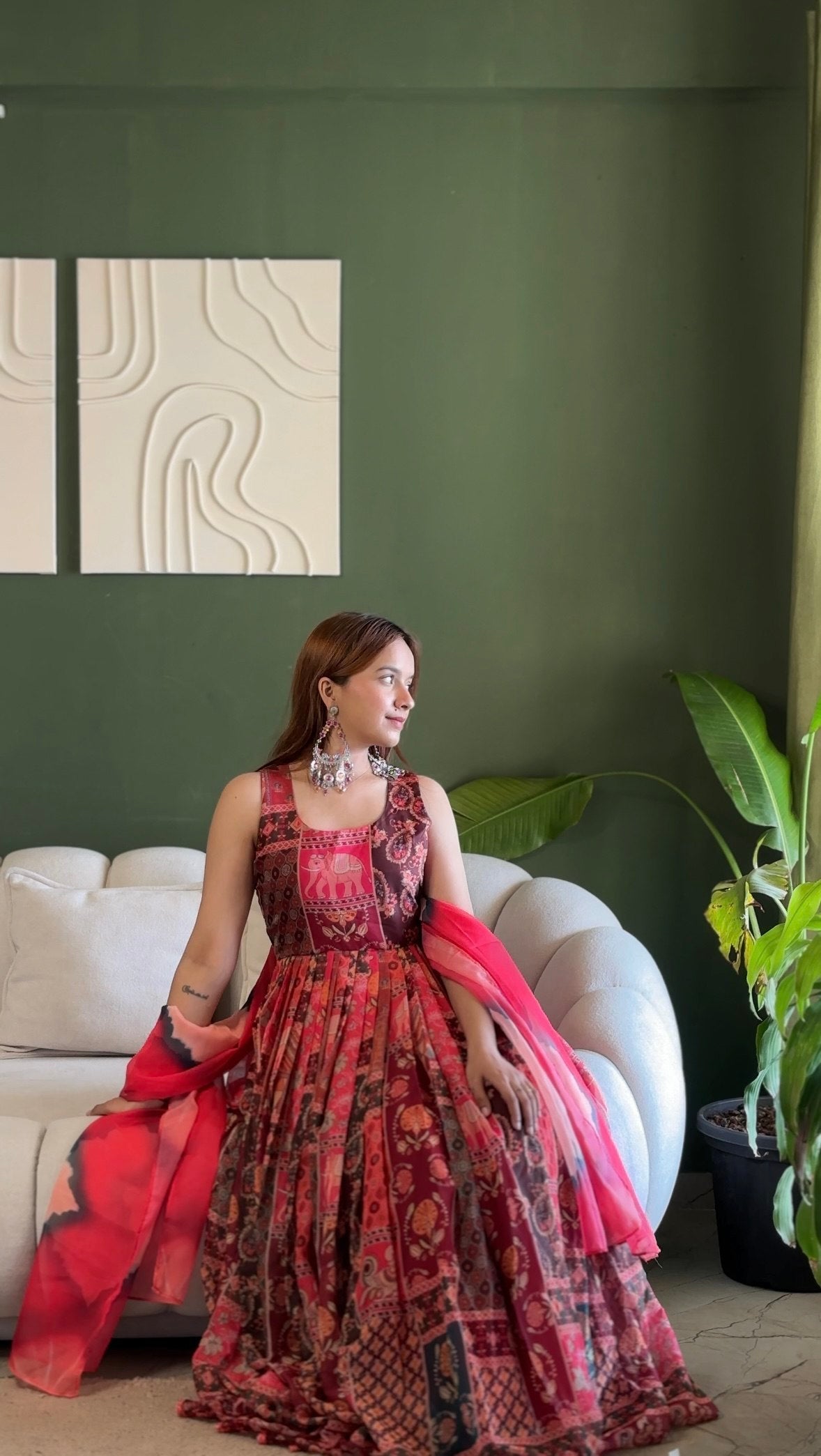 Red Patola Print Organza Gown with Dupatta
