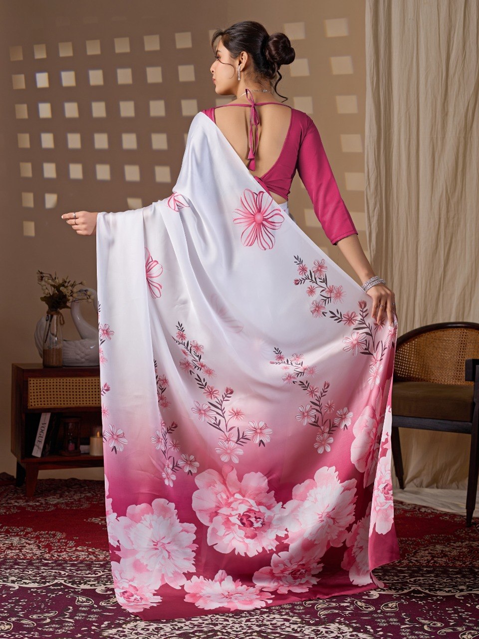 White Pink Floral Satin Georgette Saree with Blouse