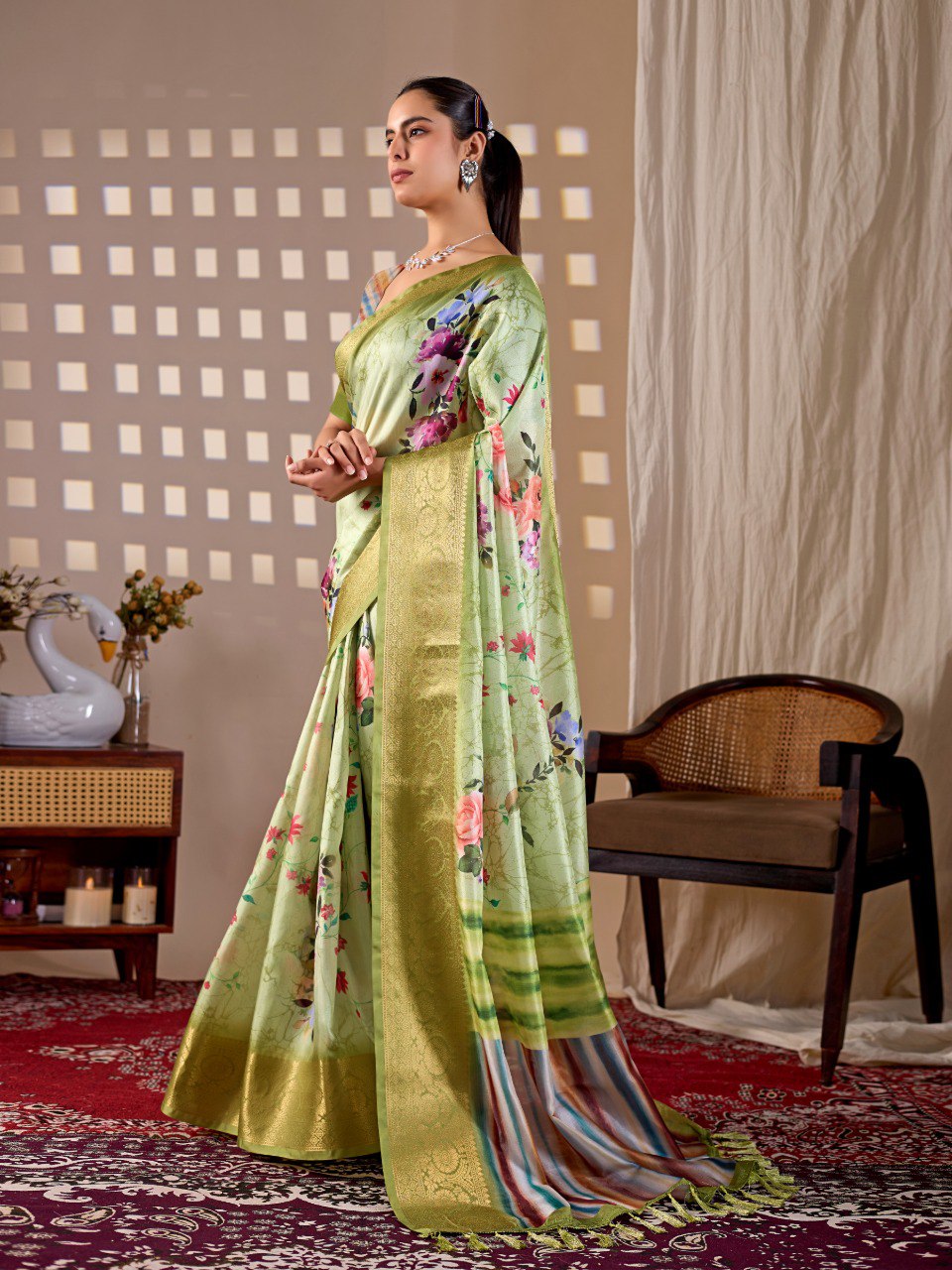 Green Floral Lichi Silk Saree with Zari Border Blouse