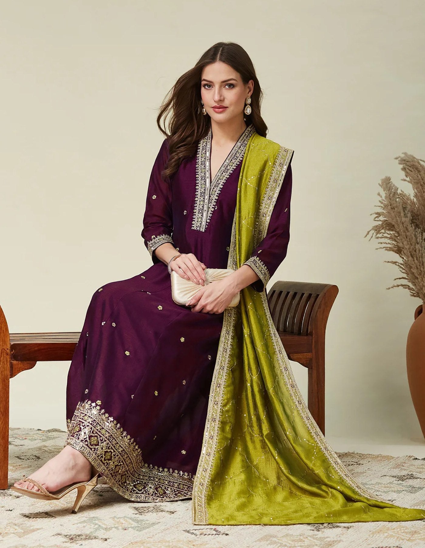 Beige & Wine Vichitra Anarkali Kurti Set with Dupatta